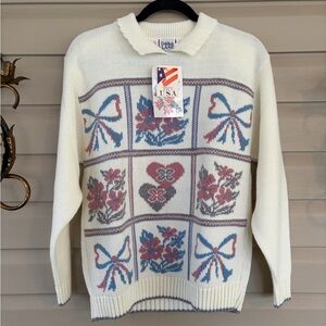 Charming Cream Sweater with Floral and Bow Design